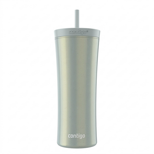 Hero shot of a silver Contigo 20 oz tumbler with straw, macaroon color.