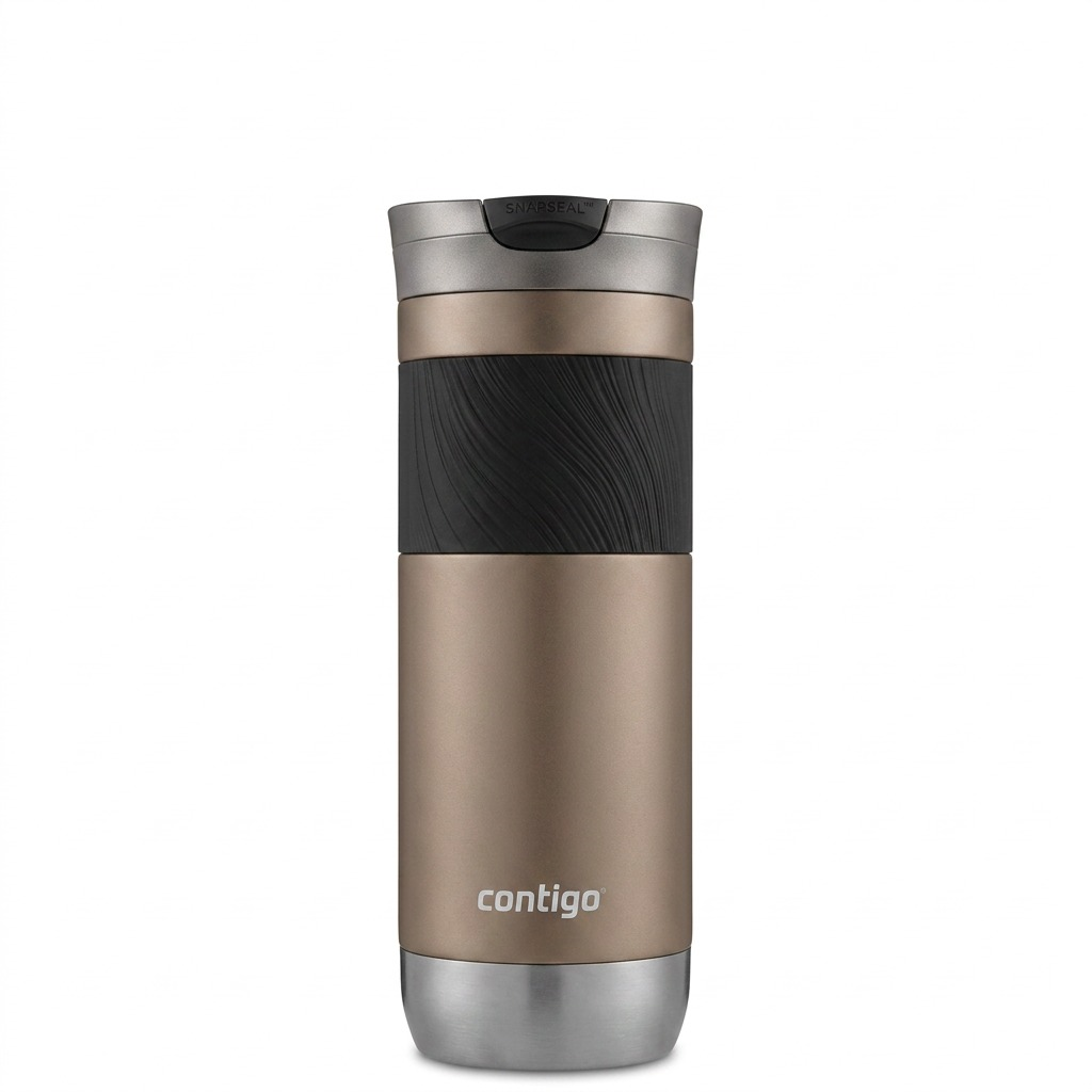 Pure high-resolution hero shot: Contigo Byron 2.0 Brown Sugar travel mug on white background.