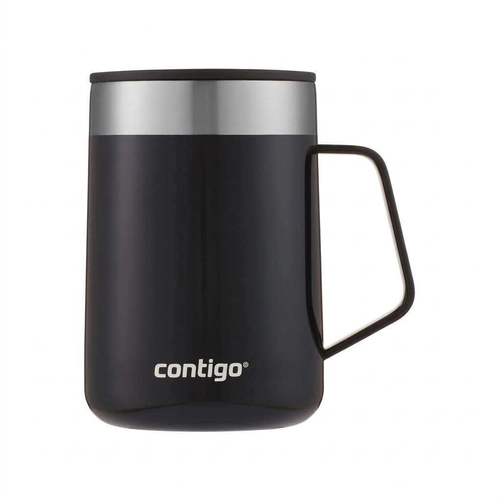 Contigo Streeterville mug, 14 oz, Licorice (Black/Steel), with handle, on pure white backgr. (Hero Shot)