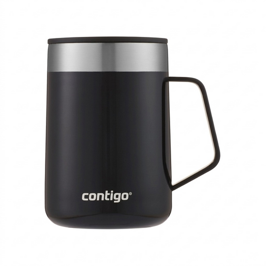 Contigo Streeterville mug, 14 oz, Licorice (Black/Steel), with handle, on pure white backgr. (Hero Shot)