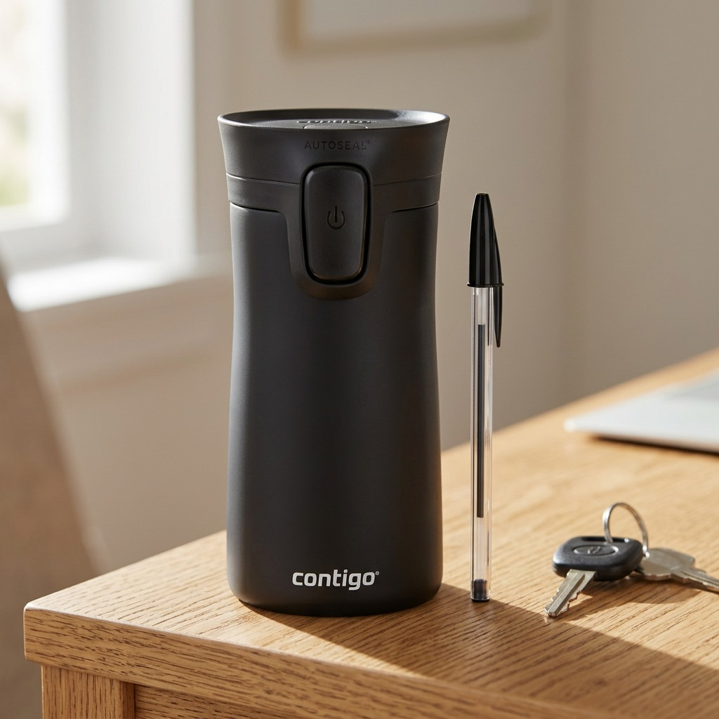 A photorealistic scale reference: Contigo Pinnacle matte black 10 oz travel mug stands beside a standard ballpoint pen and keys on a wooden desk.