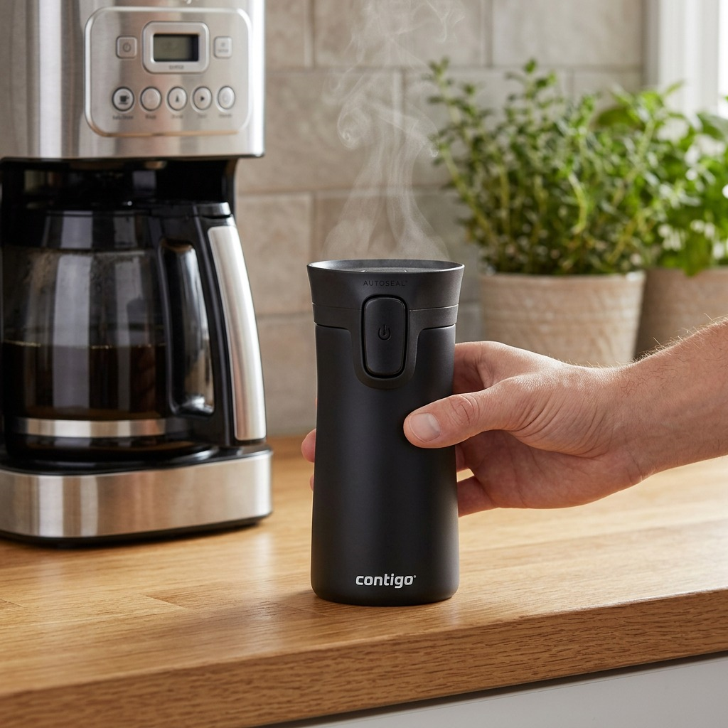 A lifestyle photo showing the Contigo Pinnacle 10 oz travel mug held in hand on a park bench, the AUTOSEAL button visible.