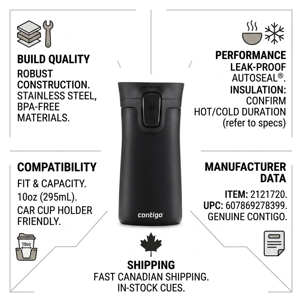 Contigo travel mug infographic highlighting build quality, performance, specific manufacturer data, and Canadian shipping.