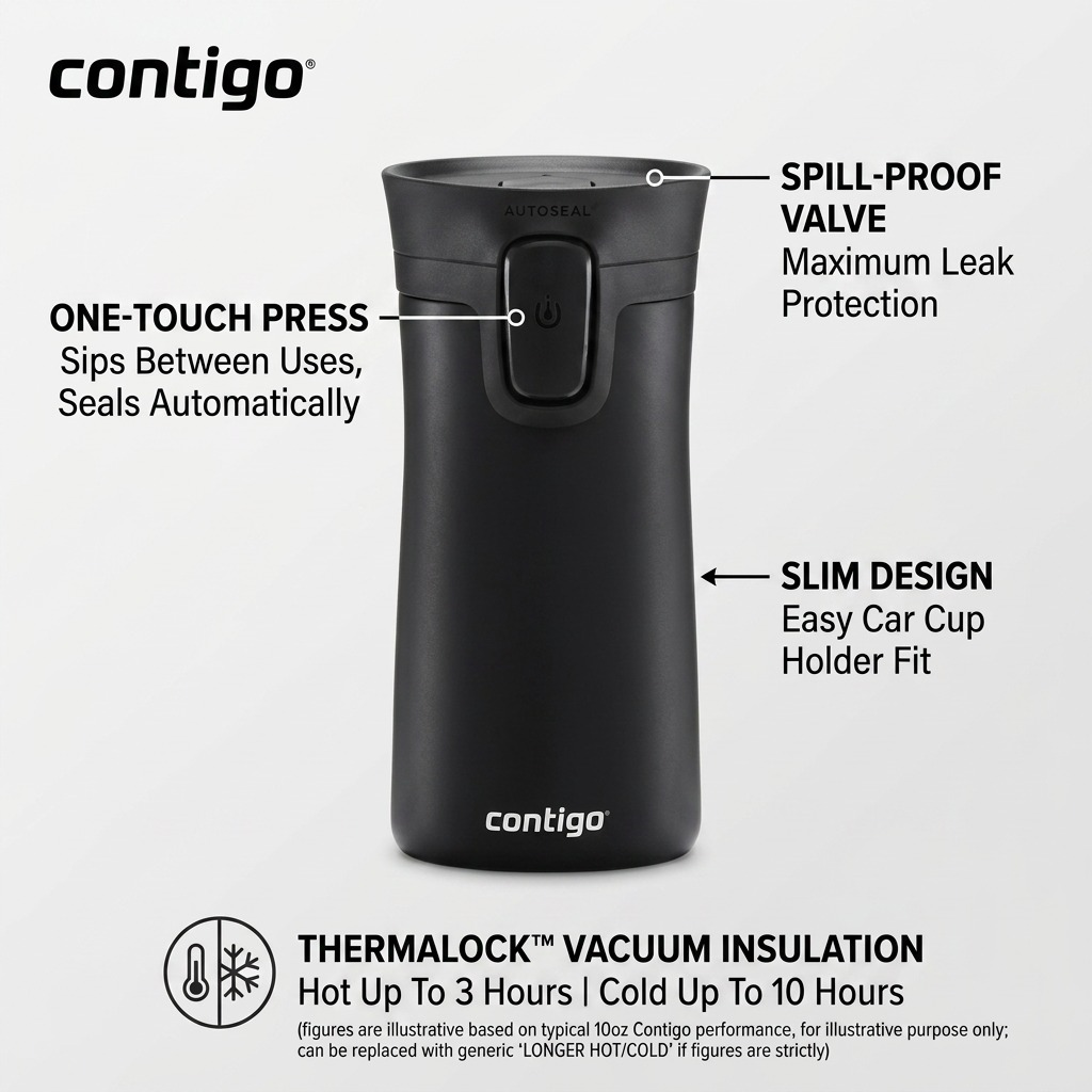 Infographic of the Contigo AUTOSEAL mug, highlighting features like simple, spill-proof, and slim design.
