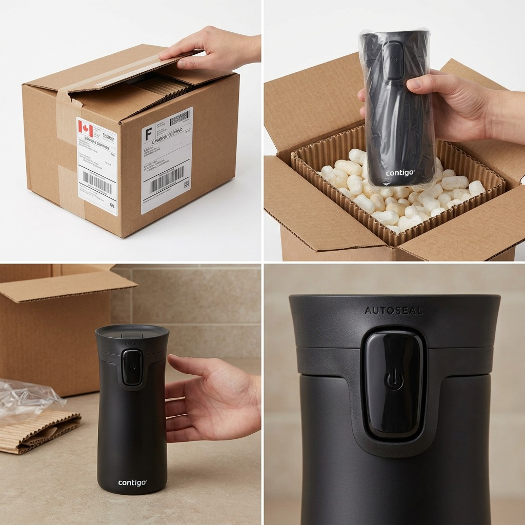 Unboxing scene with Contigo travel mug secure in protective corrugate shipping and biodegradable peanuts.