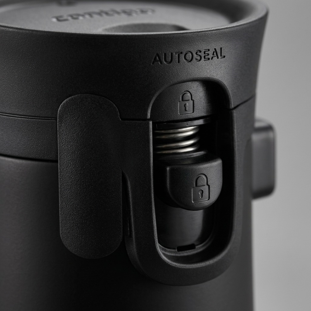 A macro-level photograph focused sharply on the Contigo AUTOSEAL button, showing its specific texture and locking symbol details.