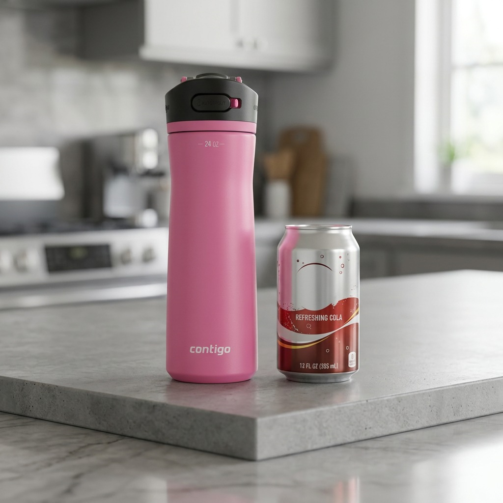 The Azalea water bottle with AUTOSPOUT stands on a counter next to a 12oz soda can for size comparison.