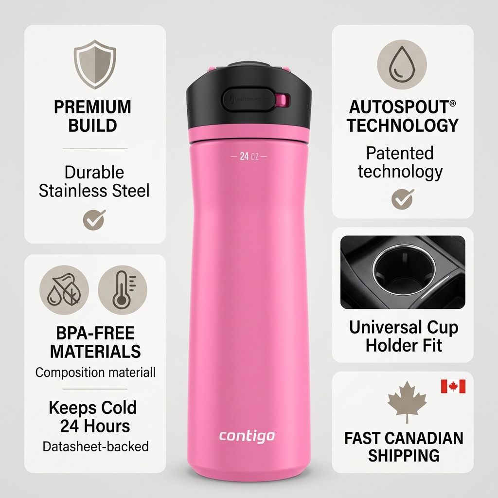 PDP trust infographic for the Contigo Ashland Chill 2.0 24oz water bottle with features and fast Canadian shipping.