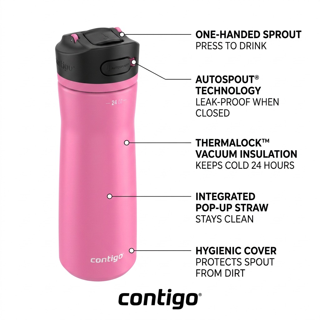 A diagram-style graphic of the Contigo water bottle with five feature callout labels and pointer lines.