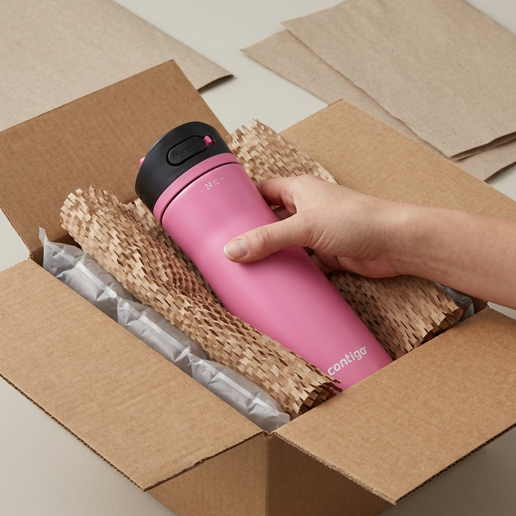 A photograph of the Contigo Azalea water bottle nestled securely within protective dunnage and a cardboard shipping box.