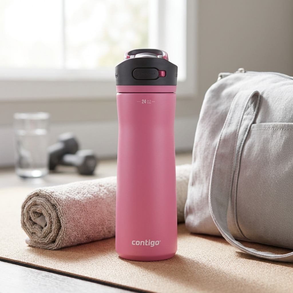 Lifestyle photo shows a pink Contigo stainless steel bottle sitting on a yoga mat, next to a matching gym bag in a sunlit home gym setting. Focus is sharp on the bottle.
