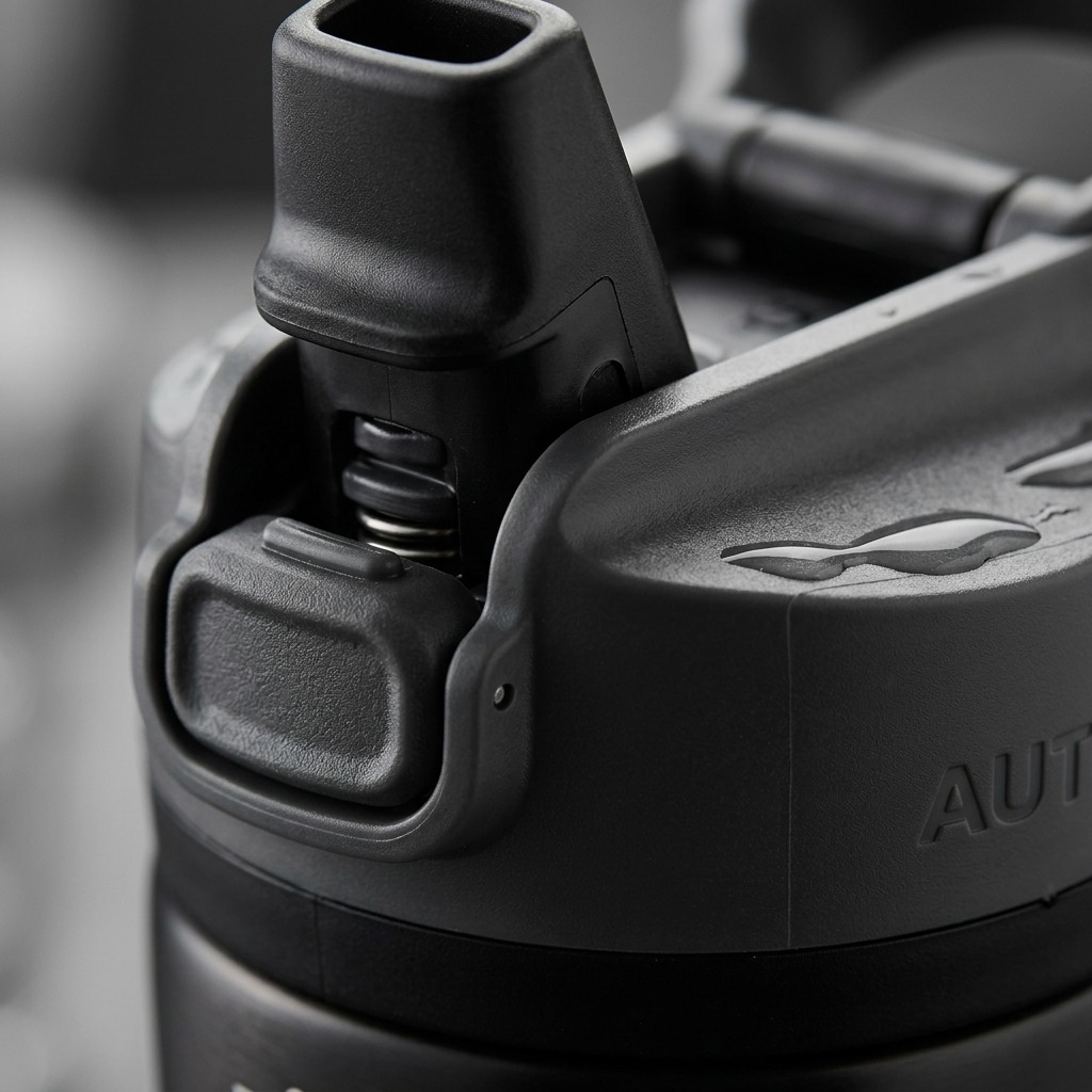 Macro photo detailing the Contigo water bottle's AUTOSEAL mechanism, button, and spout textures.