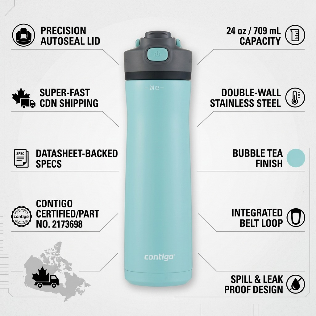 Contigo Cortland Chill 2.0 infograph: autoseal lid, 24oz, stainless steel, Bubble Tea finish, fast CDN shipping, verified specs, leak-proof.