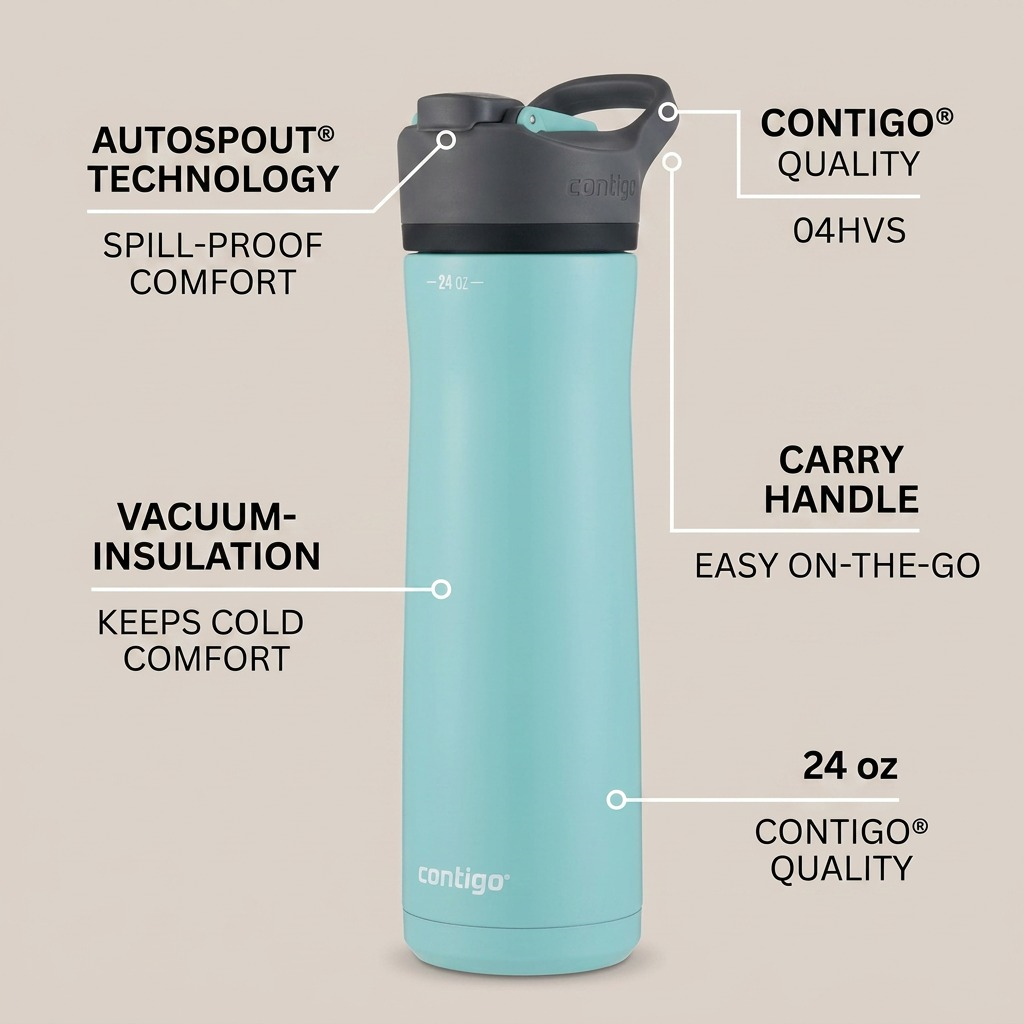 A feature breakdown graphic with overlay text pointing to parts of a blue Contigo water bottle, illustrating its technology, handling, and specifications for easy on-the-go use.