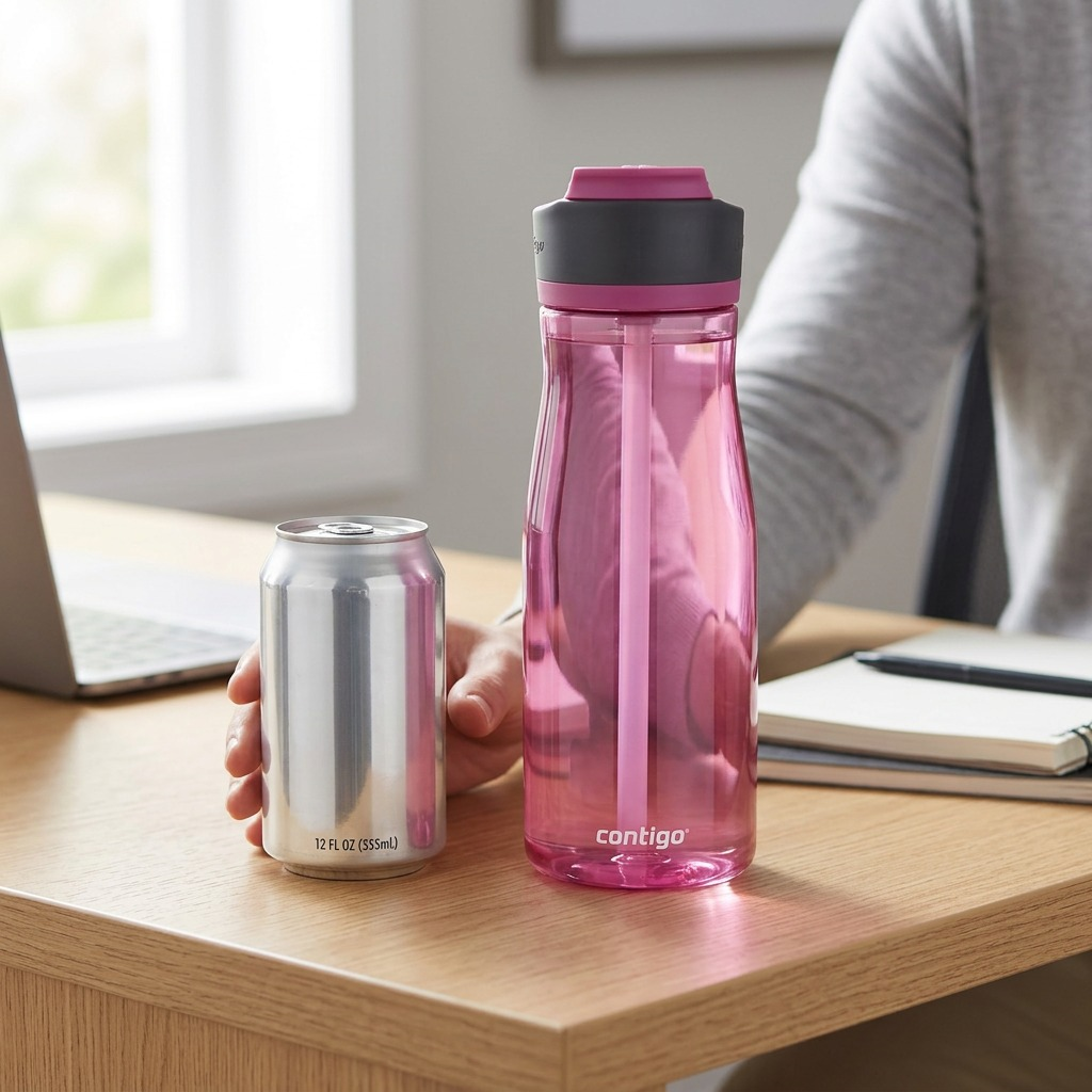 A photo of the specific pink Contigo water bottle from image_0.png placed beside a standard 330ml soda can on a clean desk, accurately showing the bottle's 32 ounce scale.