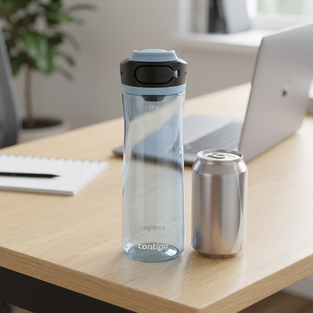 Render: Contigo Glacier bottle and a soda can, showing the bottle's tall, slender profile.