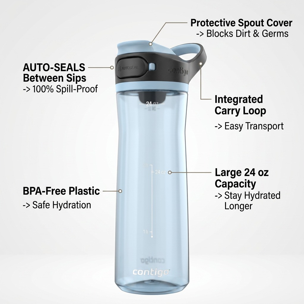 An operational feature callout visual highlighting key technical capabilities of the Contigo 24 oz Autoseal Cortland 2.0 Glacier plastic bottle.