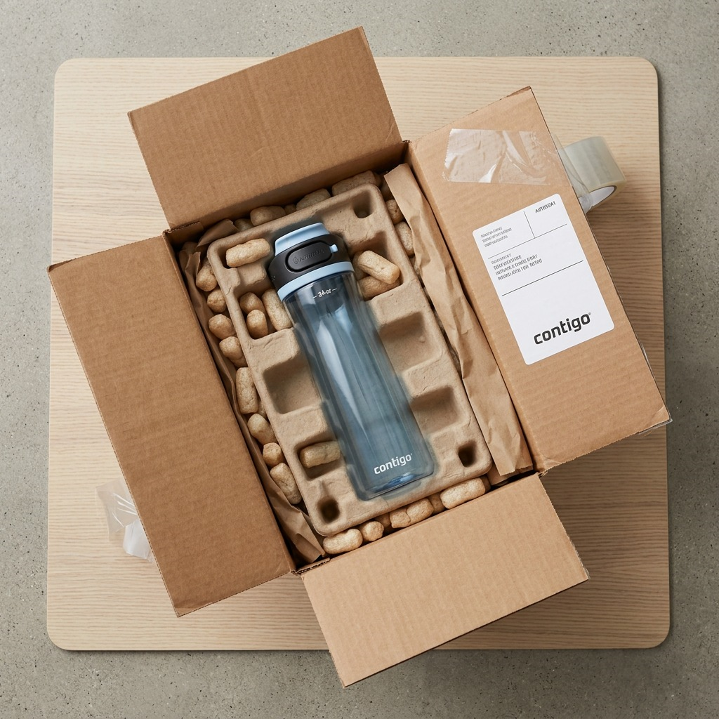 An open box reveals the Contigo Glacier water bottle nestled in secure packing foam.