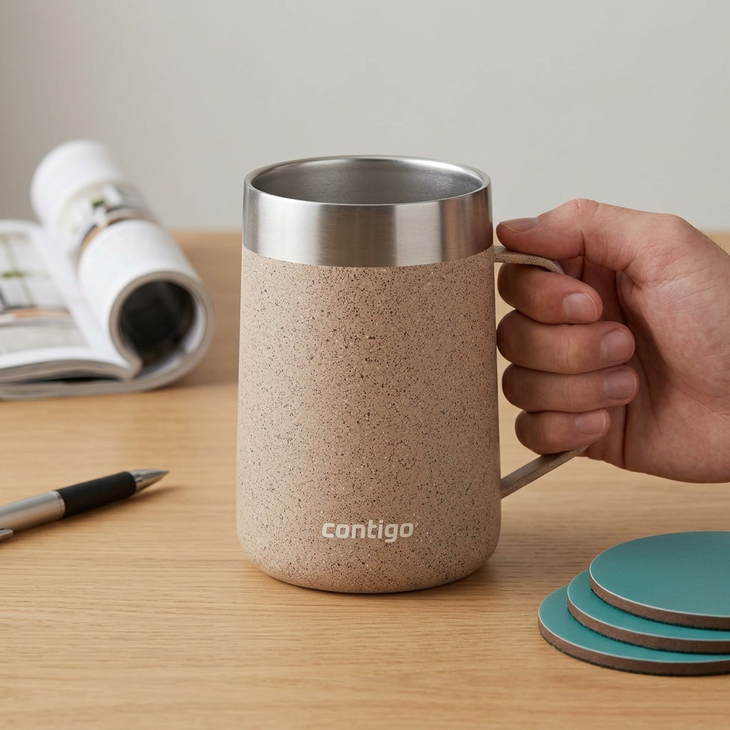 A woman's hand is holding a 14oz Contigo Streeterville mug, showing its size.