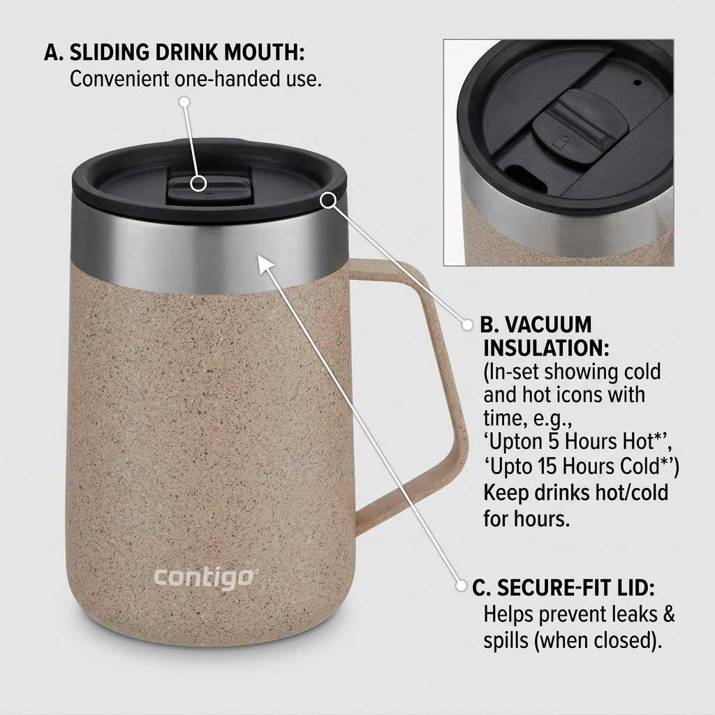 Feature infographic of the Contigo Streeterville mug, highlighting its vacuum insulation and lid features.