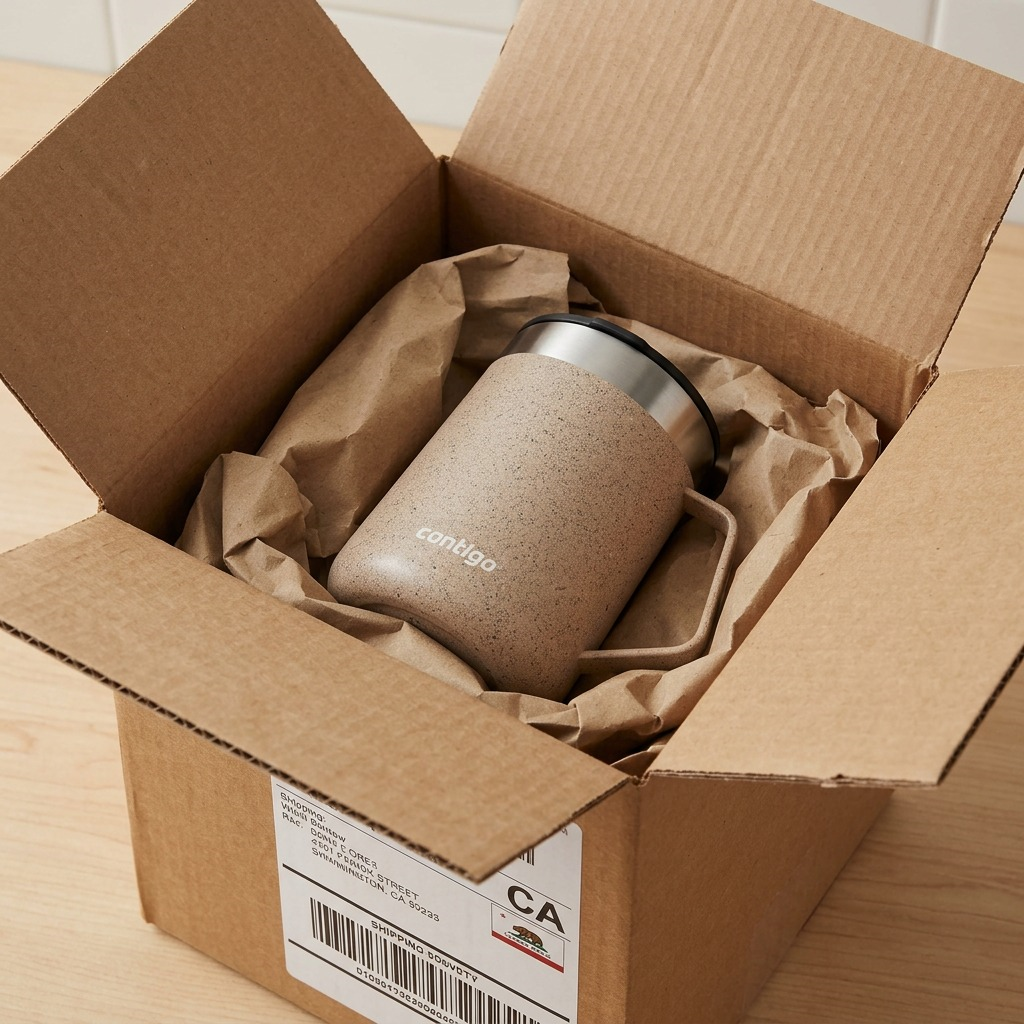 A protective open shipping box contains the Contigo Brown Sugar Speckle mug, surrounded by void fill.
