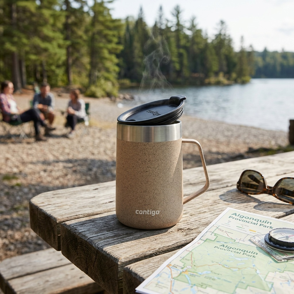 An outdoor scene of the brown speckle Contigo travel mug sitting on a weathered wooden picnic table, steam rising gently, next to a map of a Canadian national park.