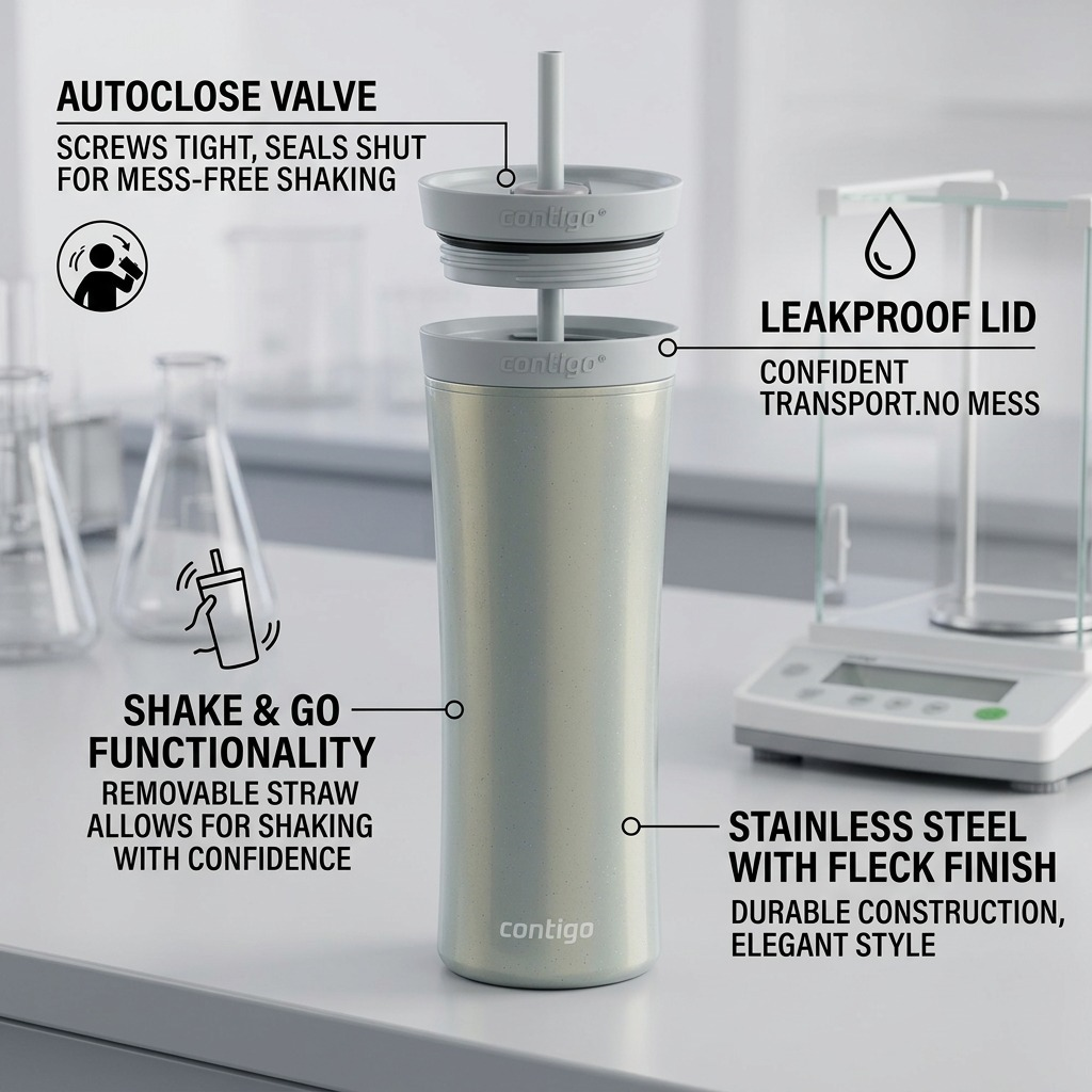 Feature callout graphic shows a Contigo Shake & Go Tumbler with distinct operational labels.