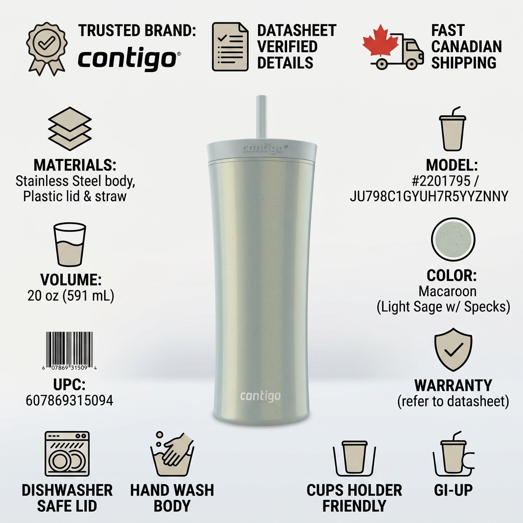 An infographic matrix featuring the Contigo tumbler with factual icons and specifications.