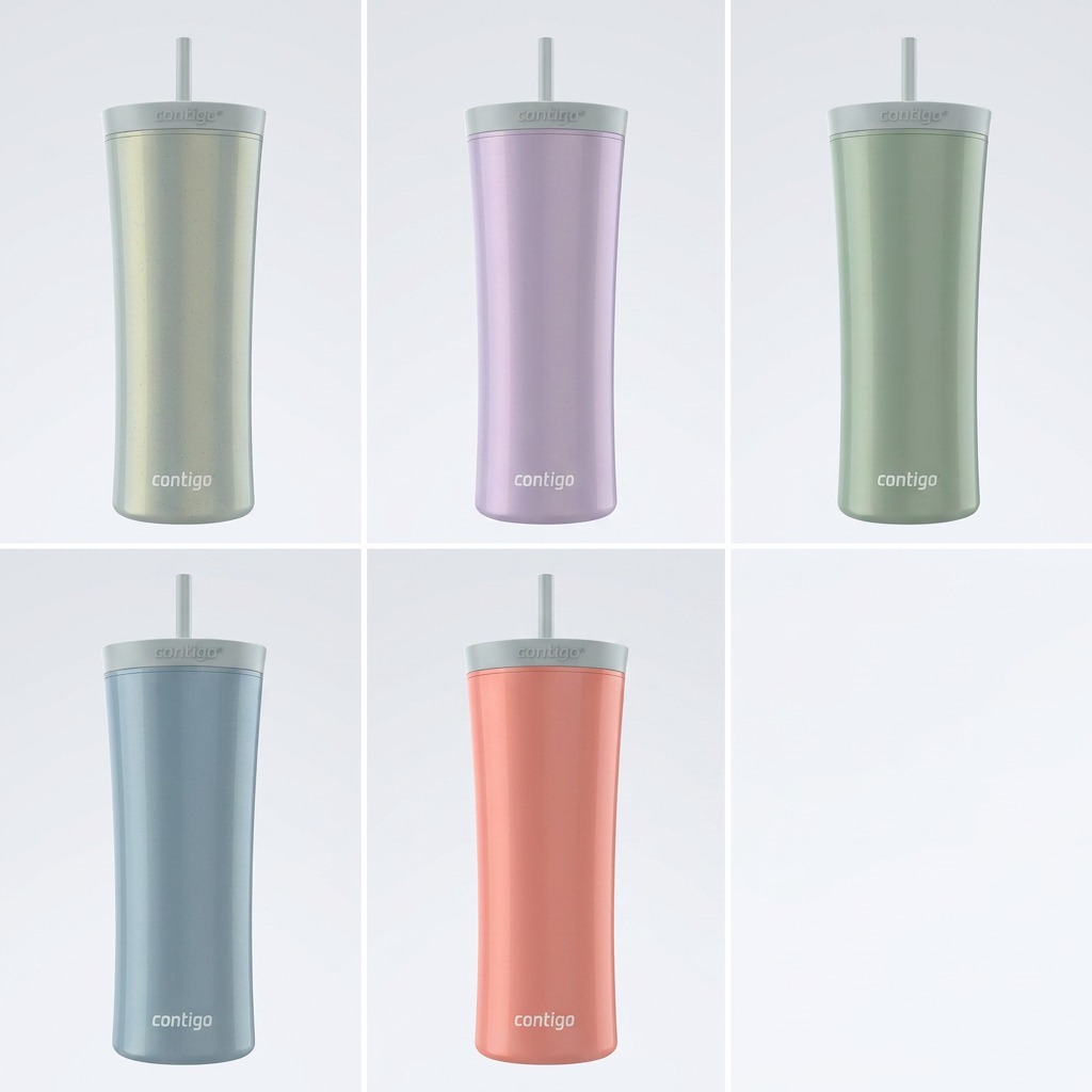 A grid of five Contigo Shake & Go tumblers in distinct, premium pastel colors.