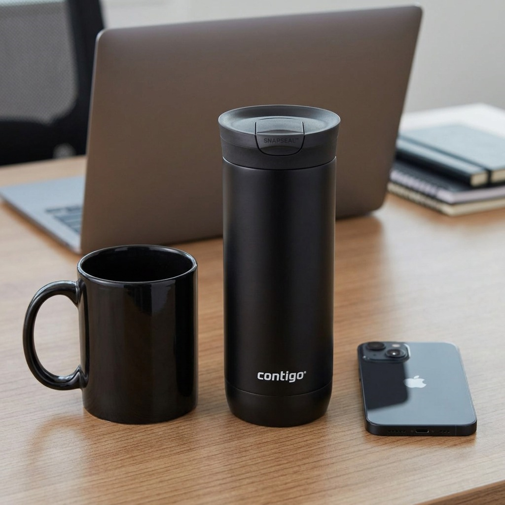 Scale comparison: Contigo 16oz tumbler next to a smartphone and ceramic mug.