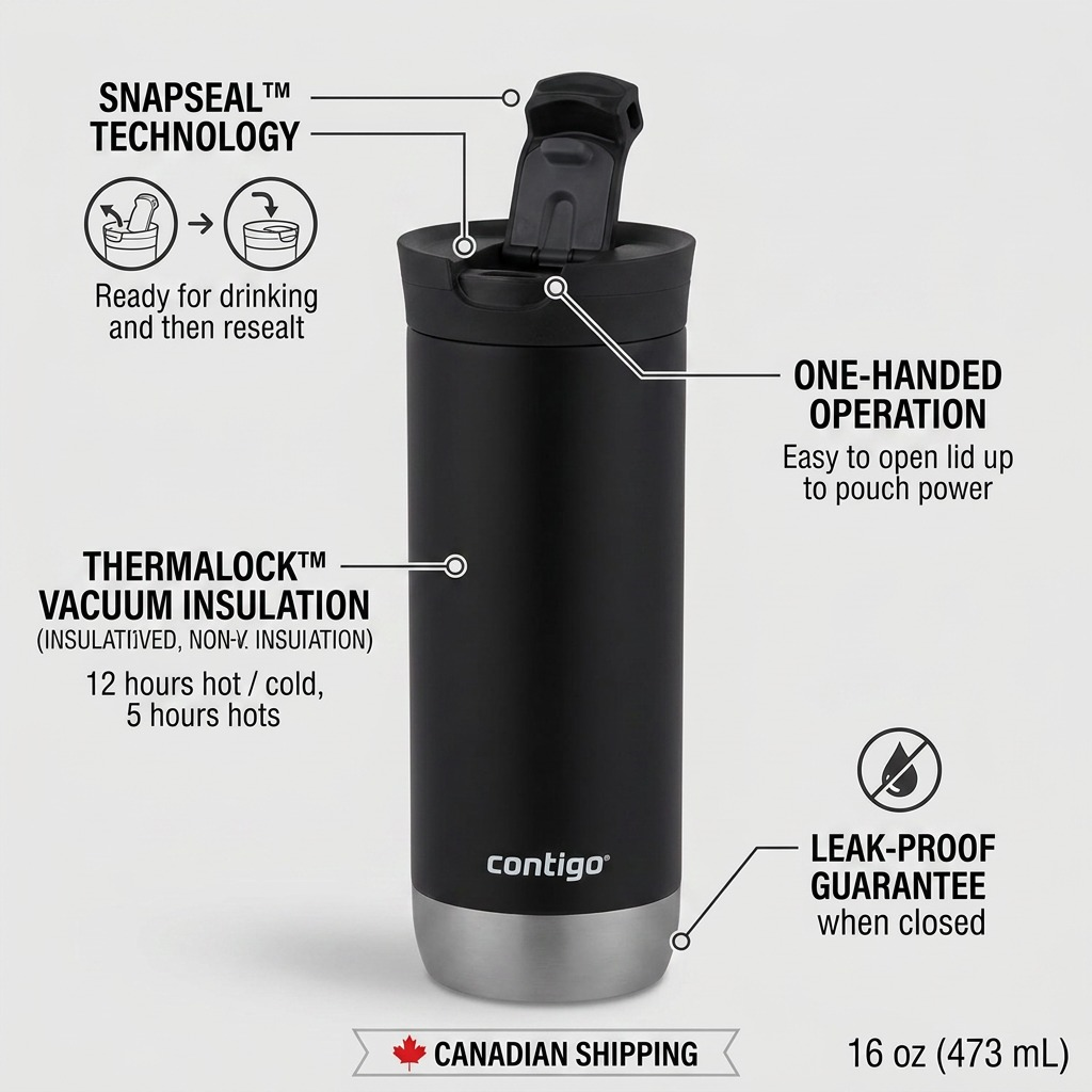 An operational feature graphic for the Contigo Huron 2.0 SnapSeal tumbler, highlighting key technologies like simple one-handed closure, THERMALOCK insulation, and leak-proof guarantee when snapped fully closed. Features concise benefits and clean pointers. Contains the Canadian shipping banner and exact SKU details.