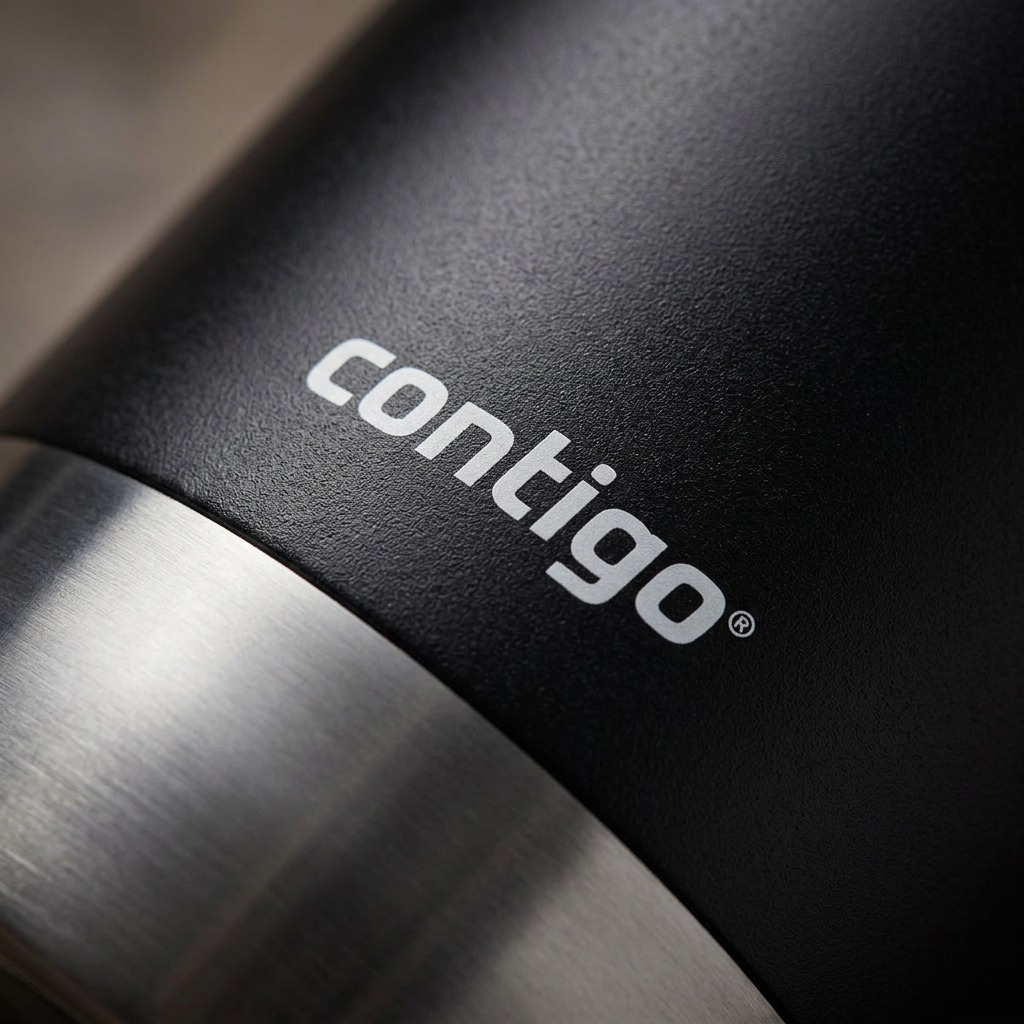 A macro photograph of the Contigo Huron 2.0 "licorice" matte coating, showing texture and precise laser-etched branding.
