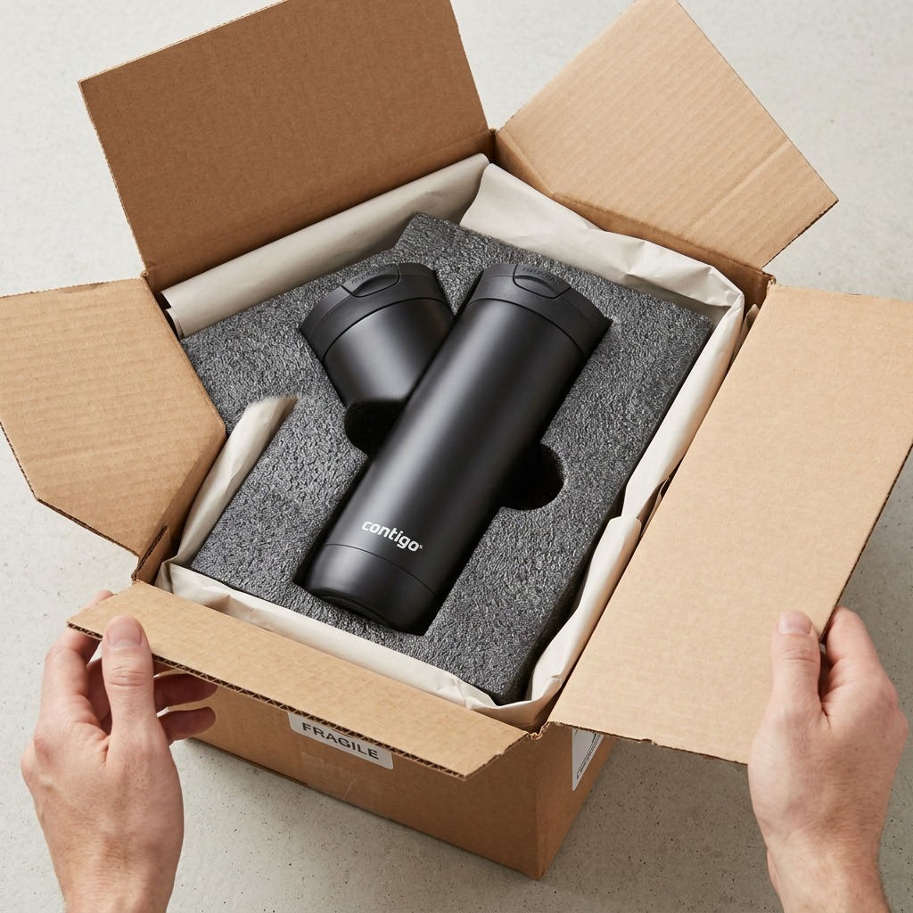 A photo of the black Contigo Huron 2.0 tumbler snug in custom foam within a shipping box.
