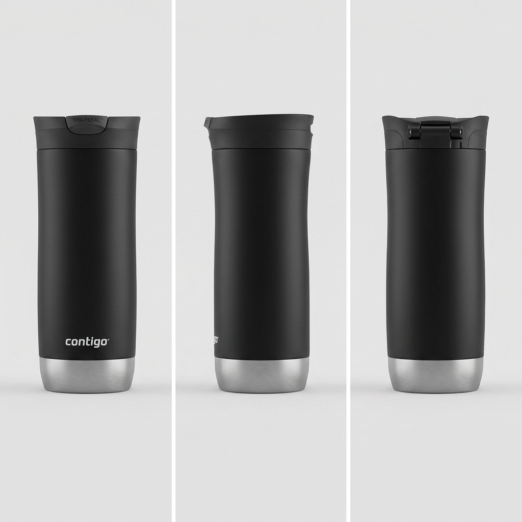 A 3-column product variant matrix displaying front, side, and rear views of the black Contigo Huron travel tumbler against a clean backdrop.