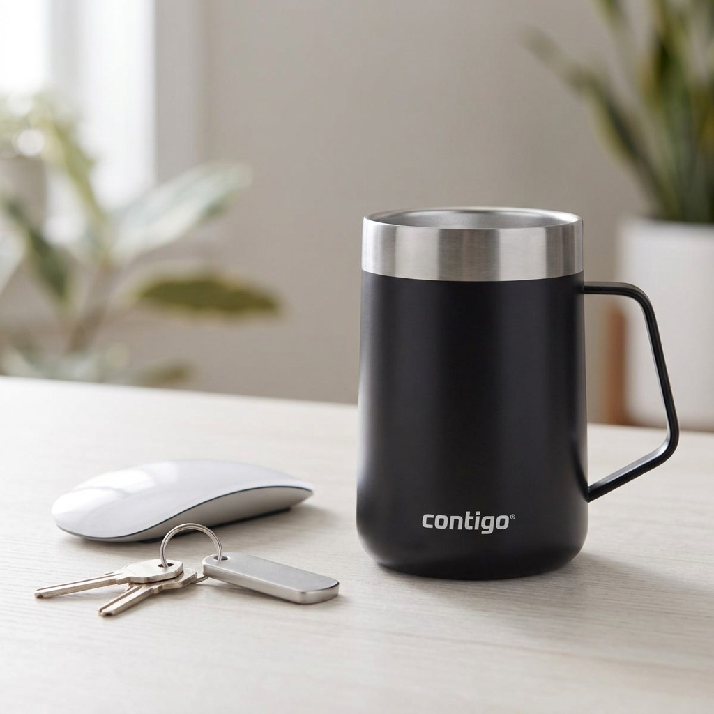 The Contigo Streeterville mug in Licorice sits neatly for scale next to a white wireless mouse on a wooden desk.
