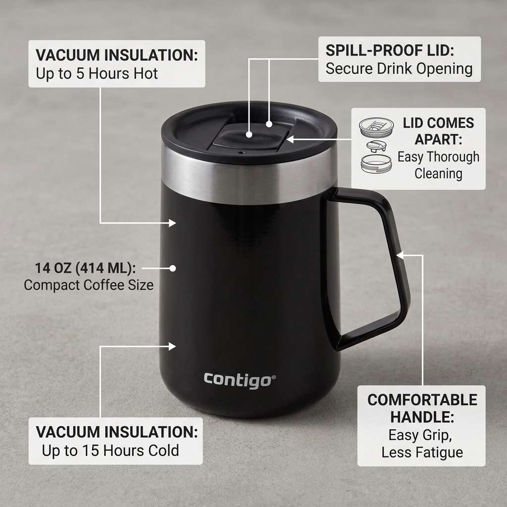 Feature callout graphic shows the Contigo streeterville mug with benefits: 14oz capacity, 5h hot/15h cold insulation, spill-proof lid, easy cleaning, and comfortable handle.