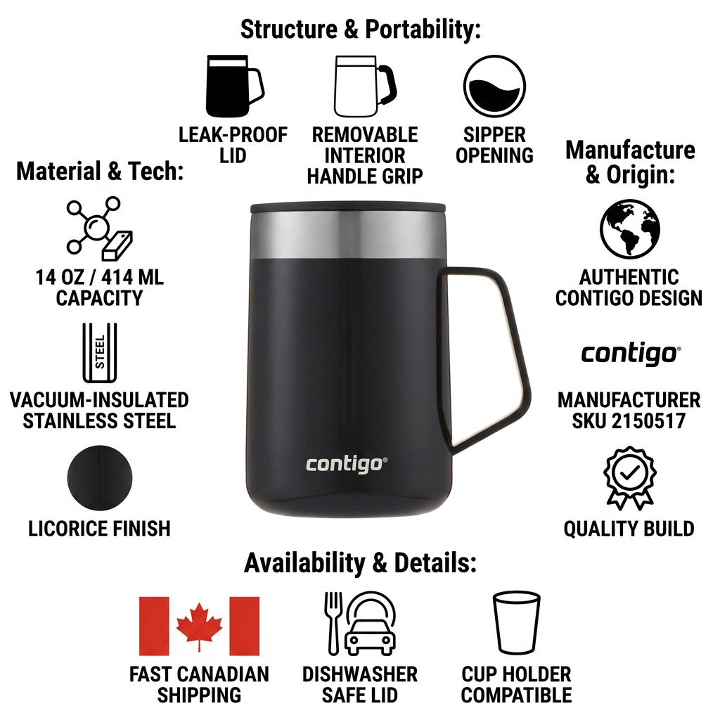 Infographic featuring the black Contigo Streeterville mug, highlighting its vacuum-insulated steel build, leak-proof lid, and fast Canadian shipping.