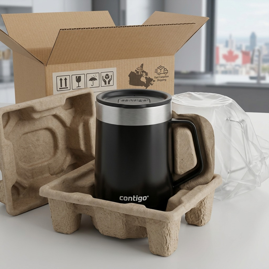 A premium unboxing display showing the protected Contigo Streeterville mug with form-fitting shipping elements against a bright, clean Canadian backdrop.