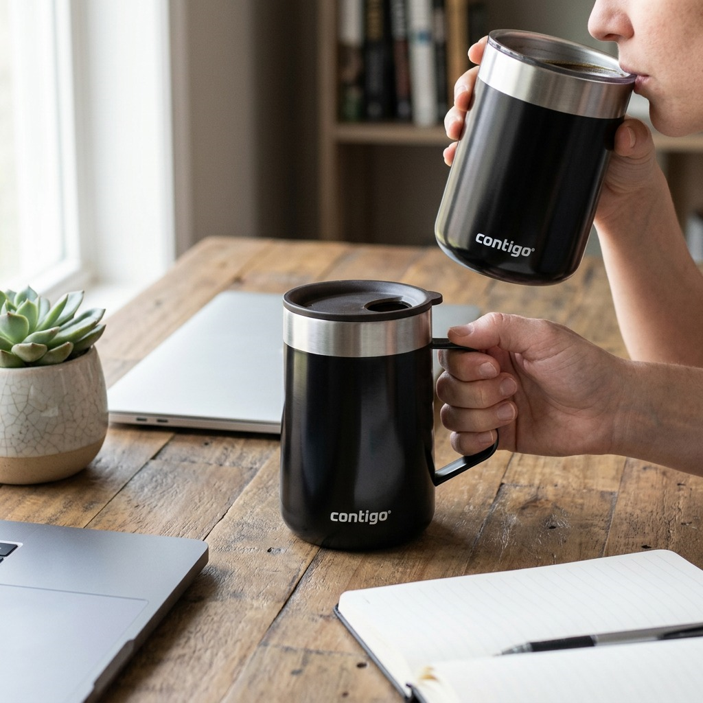 A person in a home office drinks coffee from the black Contigo Streeterville travel mug.