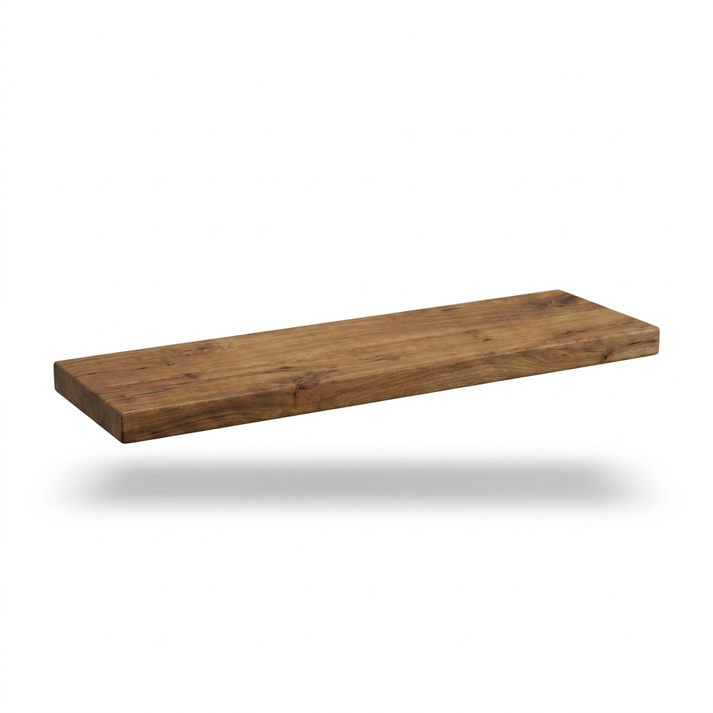 A premium, high-resolution product shot of the solid medium walnut floating wood shelf on a pure white background.