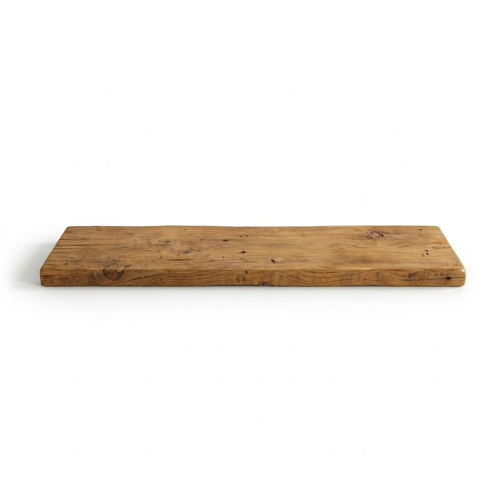 A high-resolution ecommerce product shot of a honey-stained solid wood shelf against a pure white background.