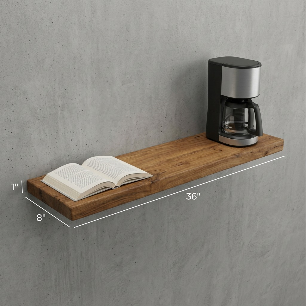A scale reference view of the solid wood shelf compared to a coffee maker and a book.
