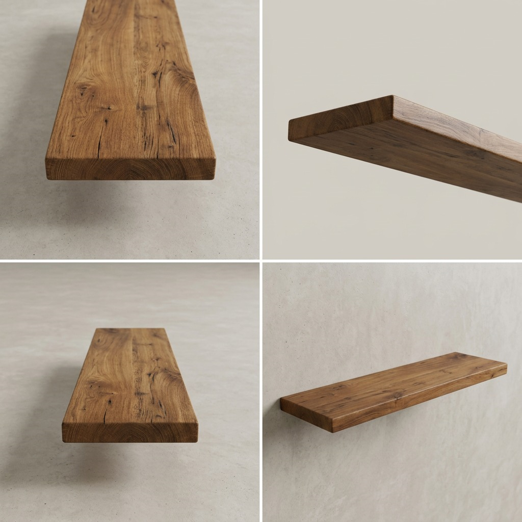 A clean product matrix image displaying several views of the Entrepot La Grange inc 36" solid walnut shelf on a neutral background. The grid includes top, front, and side angles, highlighting the natural wood grain and its sleek floating design. All variations maintain the product's authentic dimensions, medium walnut finish, and high product fidelity. All text and logos from the reference image have been removed.