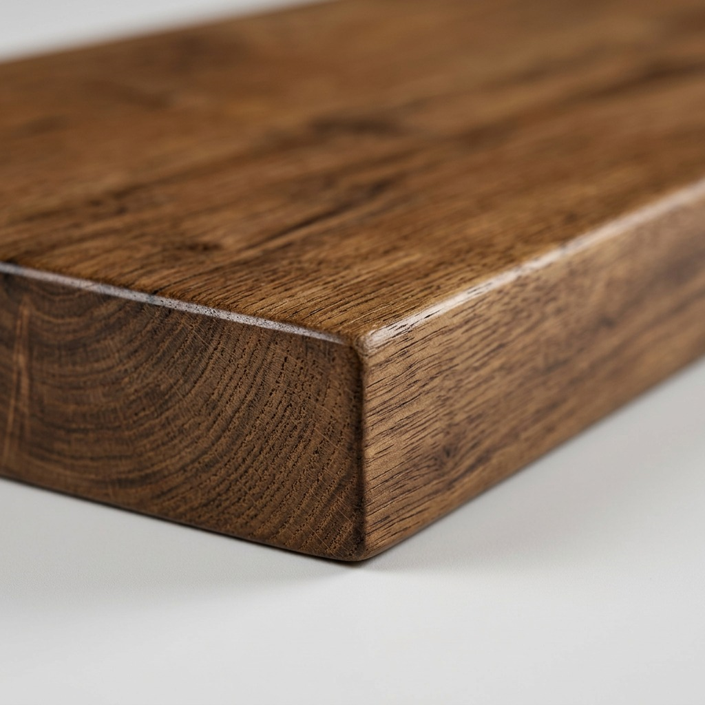 Macro photograph of the solid wood shelf, focusing on the refined grain texture and precise joinery.
