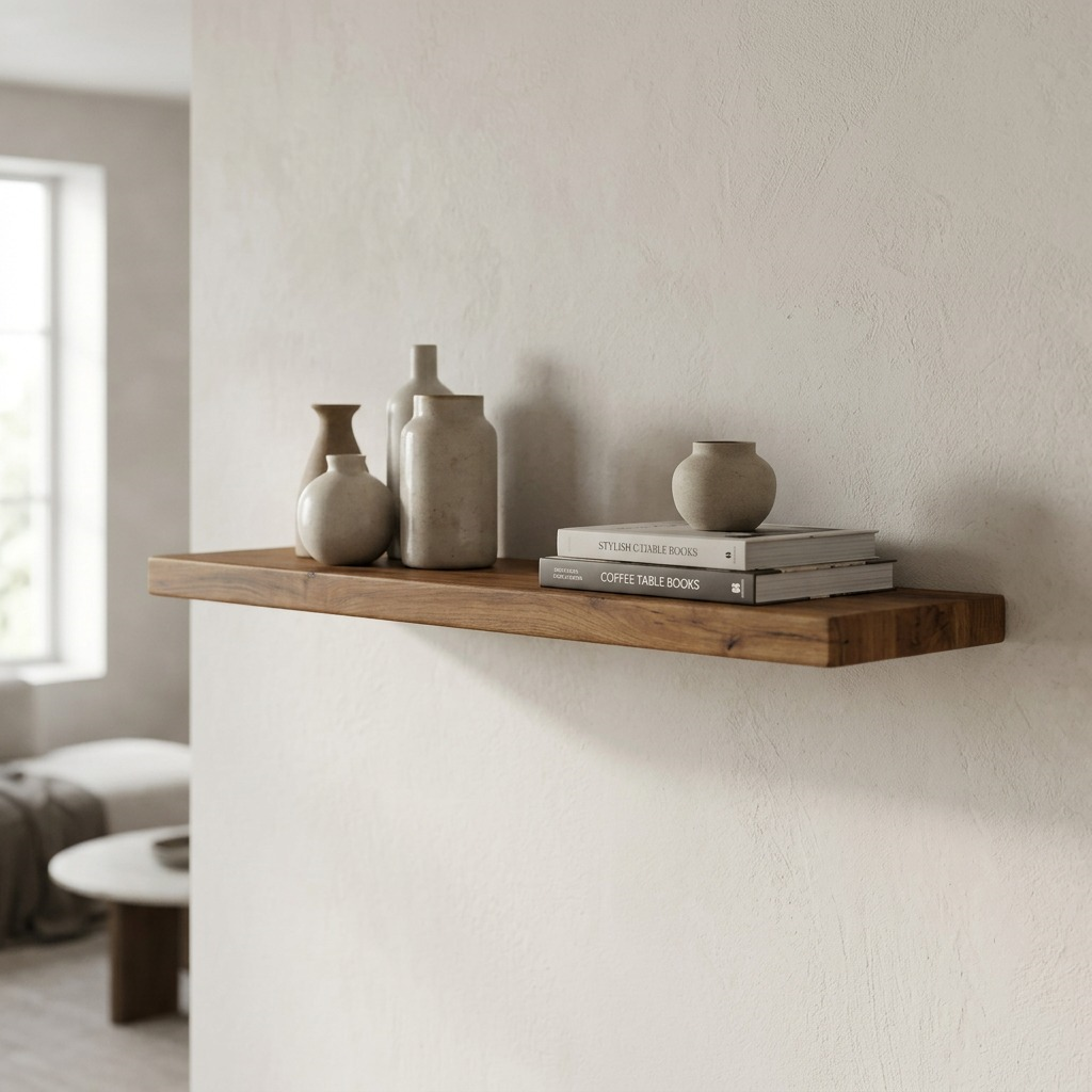 A lifestyle image showing the natural wood floating shelf mounted in a modern living room, holding a vase and a plant.