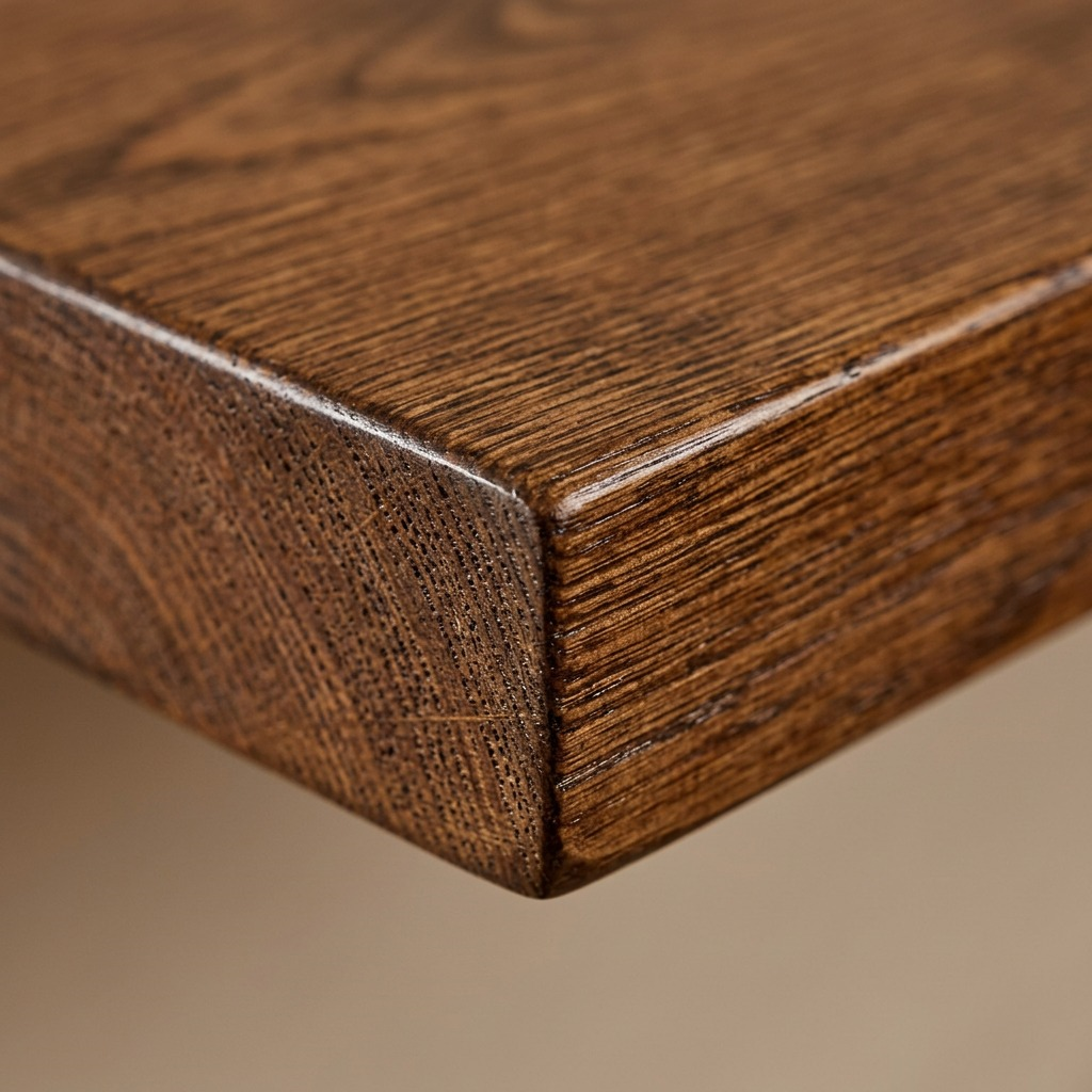 Macro close-up on the precise corner detail and authentic wood grain of the Whiskey Brown rustic solid wood shelf.