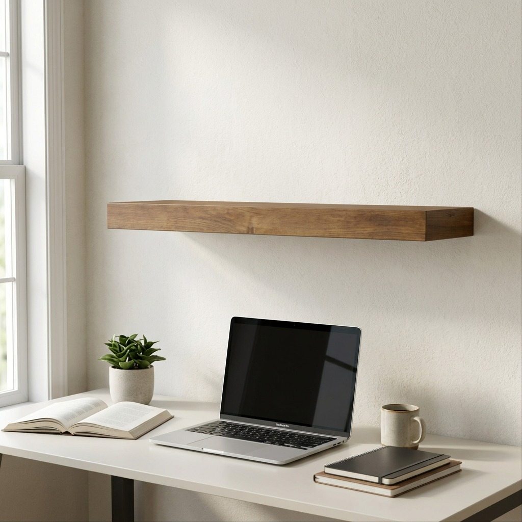 An Entrepot La Grange inc 36" Medium Walnut floating shelf mounted above a home office desk, providing accurate scale with an Apple MacBook Pro and a standard coffee mug.