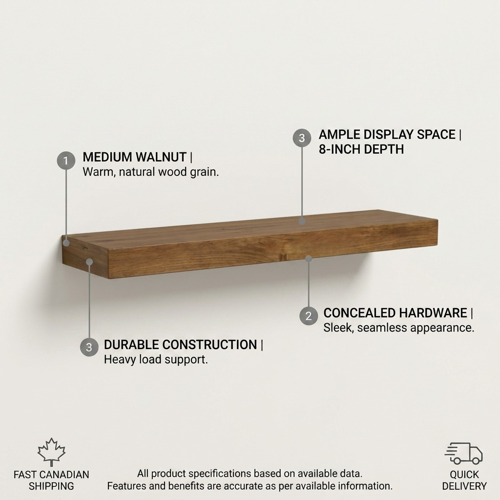 PDP image with callouts detailing the 36" length, hidden hardware mounting system, and durable medium walnut wood, explaining "Easy concealed installation" and "Heavy load support."