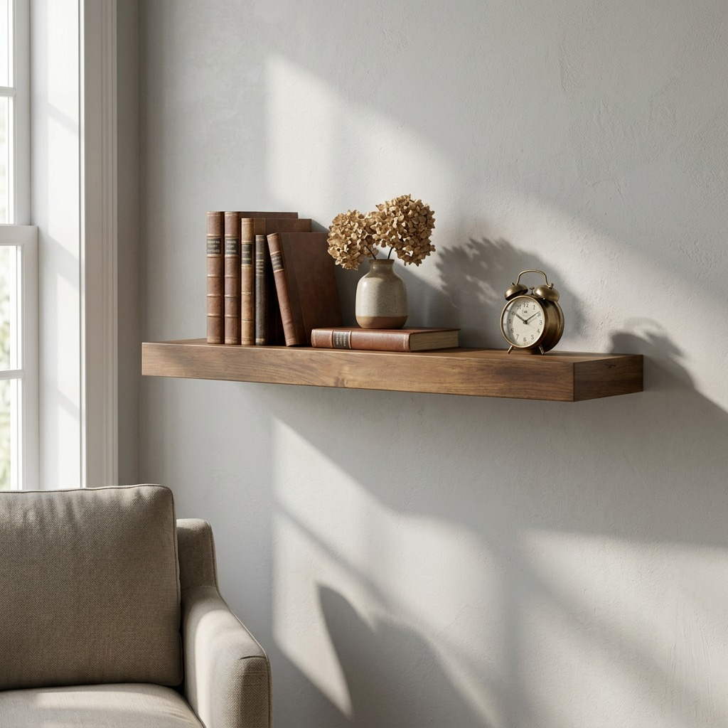 ifestyle image featuring the Entrepot La Grange inc floating shelf displaying books and vases in a cozy living room.