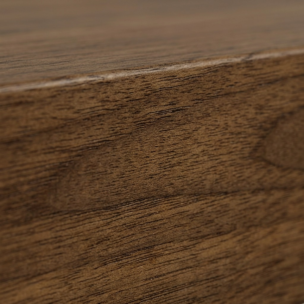 Extreme close-up of dark walnut-stained wood grain texture on a floating shelf.